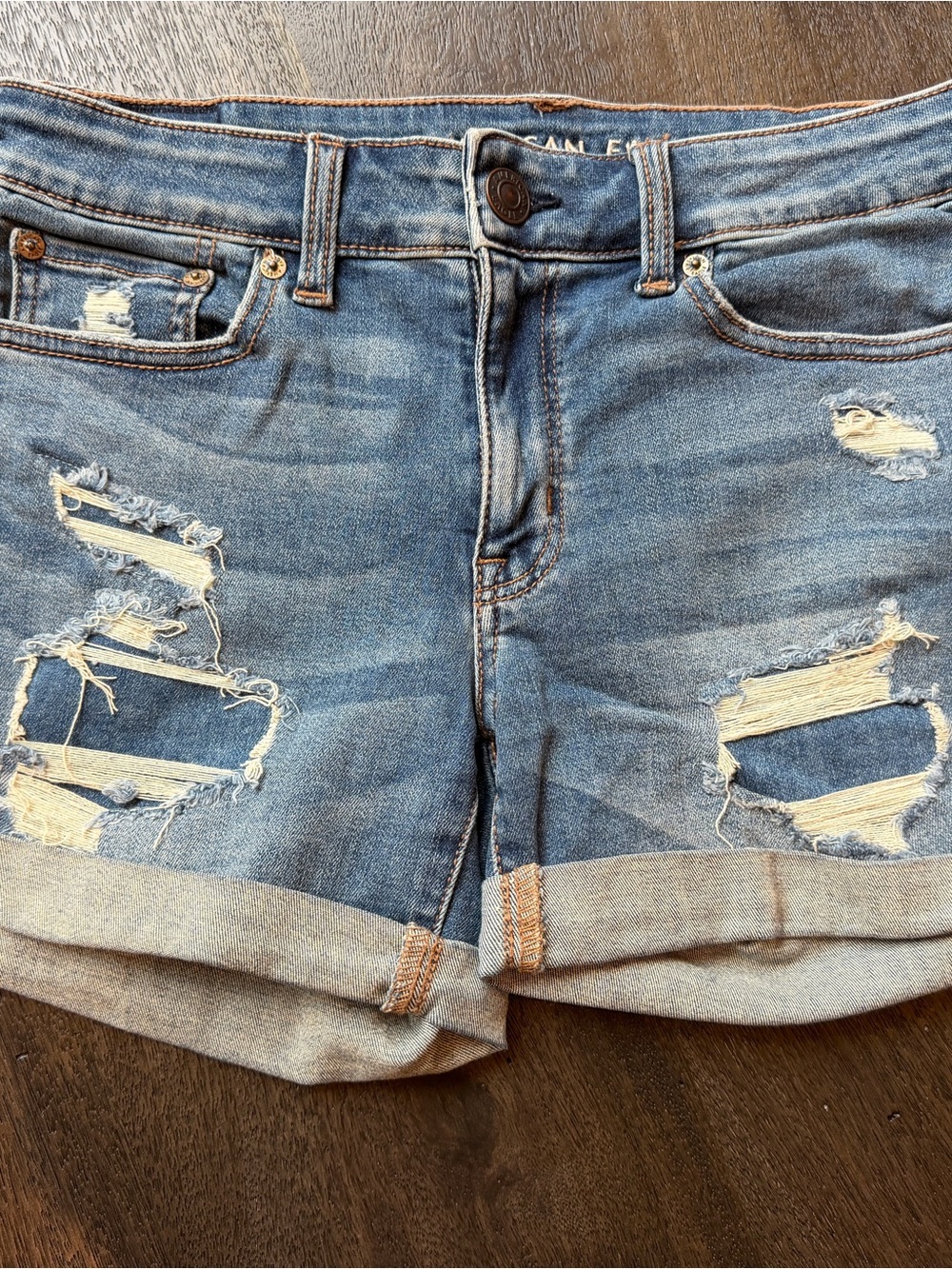American Eagle Outfitters Light Blue Distressed Rolled-Hem Jean Shorts